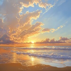 a breathtaking sunset over the ocean, warm colors, soft clouds